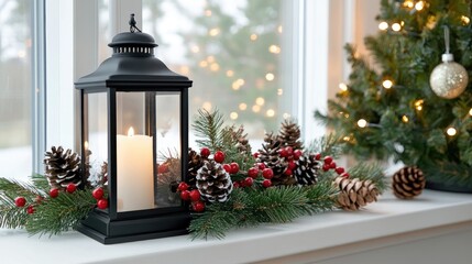 A cozy winter scene featuring a black lantern surrounded by pine cones, evergreen branches, and red berries, with a softly lit Christmas tree in the background