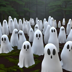 Ghostly Gathering in the Fog: A haunting and whimsical 3D illustration of numerous ghostly figures gathered in a misty forest, creating an eerie and ethereal atmosphere.