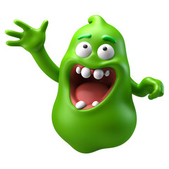 Waving Green Goo: A cheerful, 3D-rendered green monster waves hello, showcasing a playful and expressive design. Perfect for children's media, animation, and fun projects. 