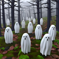 Ghostly Gathering: A haunting and surreal scene of a multitude of ethereal ghosts congregating in a misty forest, evoking a sense of mystery and intrigue.  