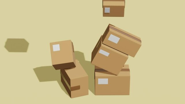 Minimalist cardboard boxes falling on each other. Minimal modern motion design. Abstract animation