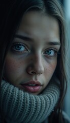 Close-up of a person with winter fatigue, tired expression and soft light through a frosted window
