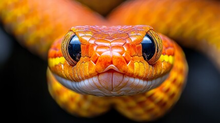 Fototapeta premium Close-up of a vibrant orange snake's head with black eyes staring directly at the camera.