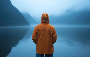 Fototapeta premium A figure wearing an orange jacket gazes at a serene lake, enveloped in mist and framed by mountain peaks at dawn