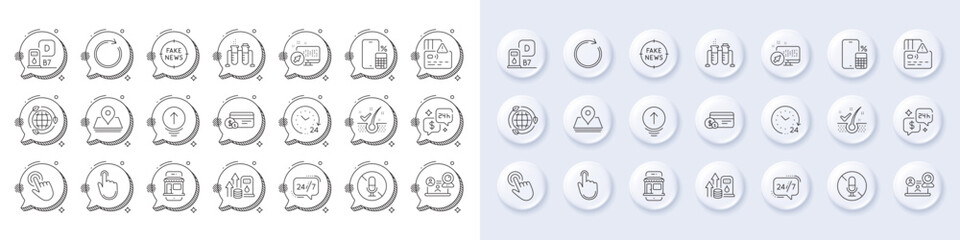 Video conference, No microphone and Web system line icons. White pin 3d buttons, chat bubbles icons. Pack of Fuel price, Synchronize, Consulting icon. Vector