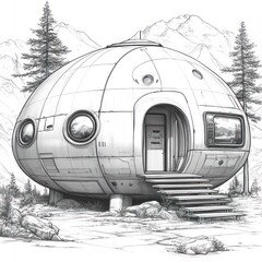 A hand-drawn illustration of a futuristic dome-shaped house with a large window, a door, and steps leading up to the entrance, set against a backdrop of mountains and trees.