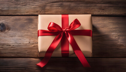 Gift Box with Red Ribbon on Wooden Background