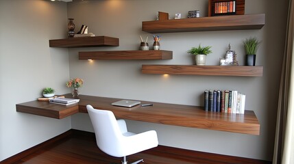 This stylish study room features a corner desk made of dark wood, floating shelves, and modern decor, illuminated by LED lights against light gray walls in a Rio de Janeiro apartment
