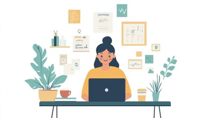 Woman Working at Laptop in Cozy Home Office with Plants and Creative Wall Decor