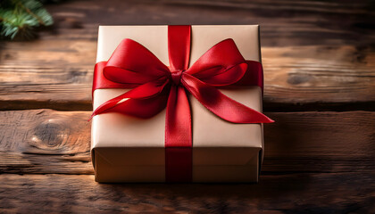 Gift Box with Red Ribbon on Wooden Background