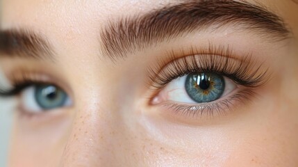 Obraz premium Close-up of a woman's blue eyes with long eyelashes.