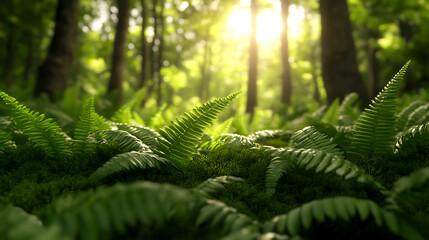 Lush green ferns growing abundantly in a sunlit forest.
