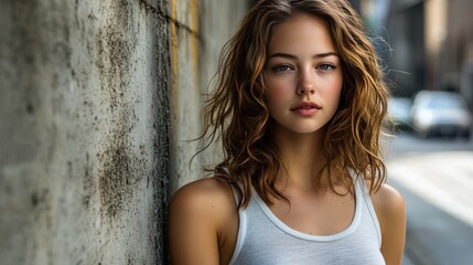 Naklejka premium High-Key Portrait of a Confident Young Woman in Urban Setting with Soft Light