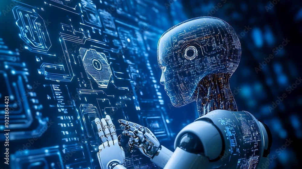 Poster humanoid robot interacting with digital interface. futuristic ai, artificial intelligence, automatio