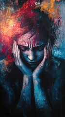 Emotional Turmoil: Expressive Abstract Portrait of a Woman in Vibrant Colors