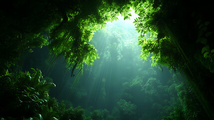 Fototapeta premium Lush green forest canopy with sunlight filtering through leaves.