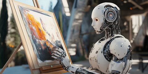 A contemporary robot is creating fine art on a canvas.
