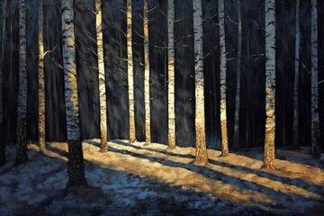 Sunlight streaming through a birch forest.