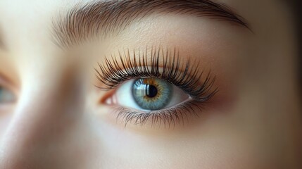 Obraz premium Close-up of a woman's eye with long eyelashes and soft makeup.