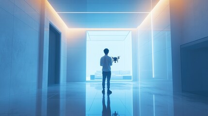 Fototapeta premium Futuristic Technology, Man Operating Drone in Minimalist Interior Space