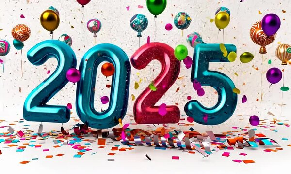 2025 New Year Party Celebration with Balloons and Confetti Animation Video.