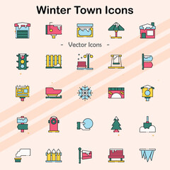 Icons representing elements of a winter town or village.