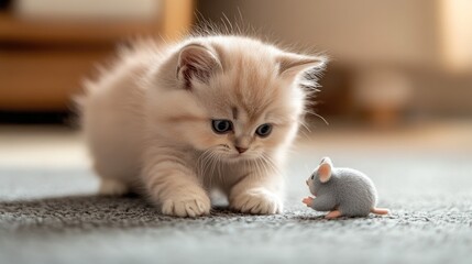Adorable Kitten Enchanted by Toy Mouse in Sunlit Room