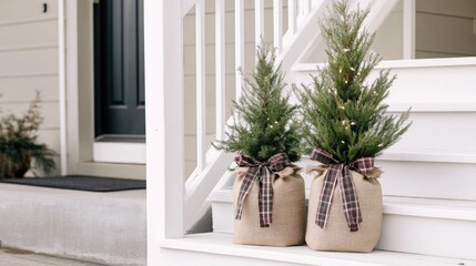 Two small green Christmas trees wrapped in burlap bags with plaid ribbons sit beautifully on the front steps, adding festive cheer to the holiday outdoor decorations.