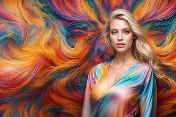 Fototapeta premium Blue eyed blonde. Young woman in a rainbow dress stands against a colorful background