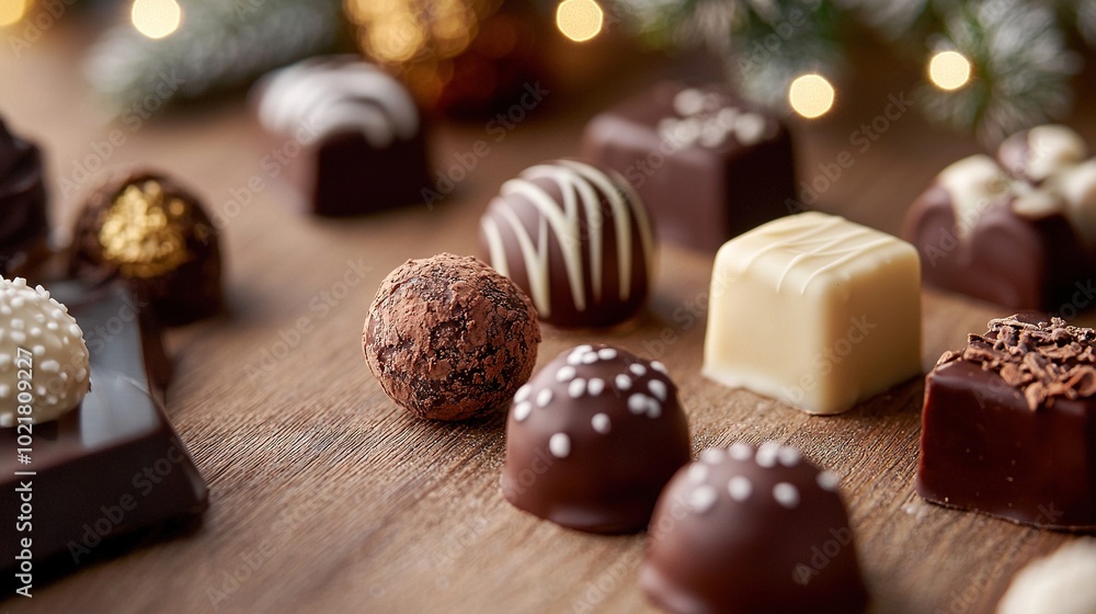 Poster a wooden table with an array of chocolates resting atop it is positioned beside a miniature christma