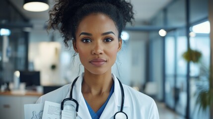 On a blurred background, an African American female doctor in a uniform and stethoscope stands at a clinic desk in her uniform with a stethoscope