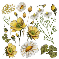 Wildflowers, meadow grass, transparent background, scrapbooking, postcards, invitations card, hand-drawn drawing