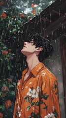 Fototapeta premium Sad anime boy standing in the rain looking up at the sky