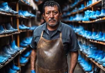 Fototapeta premium A skilled artisan with a serious expression poses in a workshop surrounded by neatly arranged blue boots, showcasing his craftsmanship