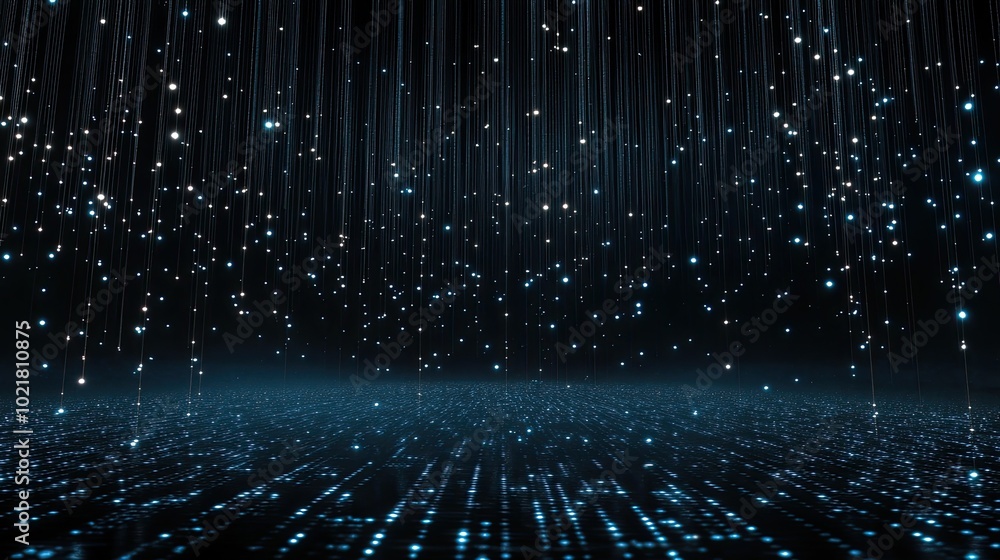 Fototapete Blue binary code pours down in a mesmerizing digital rain, creating an abstract backdrop filled with shimmering stars that enhances its futuristic atmosphere