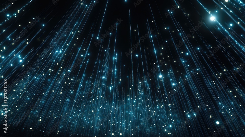 Fototapete Blue binary code pours down in a mesmerizing digital rain, creating an abstract backdrop filled with shimmering stars that enhances its futuristic atmosphere