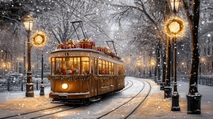 Obraz premium A vintage tram adorned with Christmas decorations travels through a bustling city, surrounded by snow and holiday gifts, creating a festive atmosphere