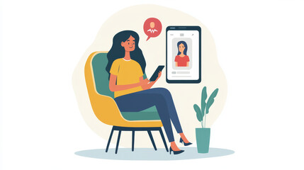 Fototapeta premium A woman talks to a therapist on her smartphone. They're having an online consultation. This shows how people can get medical advice and care remotely, using technology.