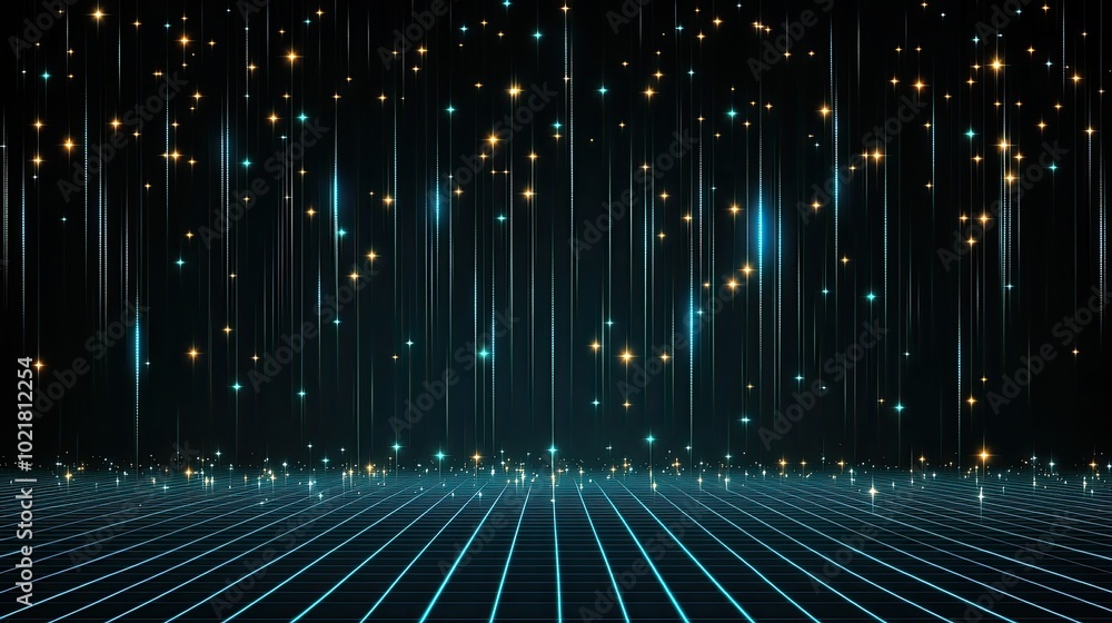 Fototapete Blue binary code pours down in a mesmerizing digital rain, creating an abstract backdrop filled with shimmering stars that enhances its futuristic atmosphere.