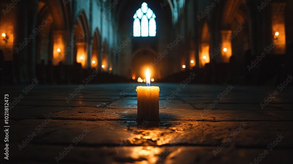 Poster a candle sits on the ground in front of a building with a stained glass window in the background