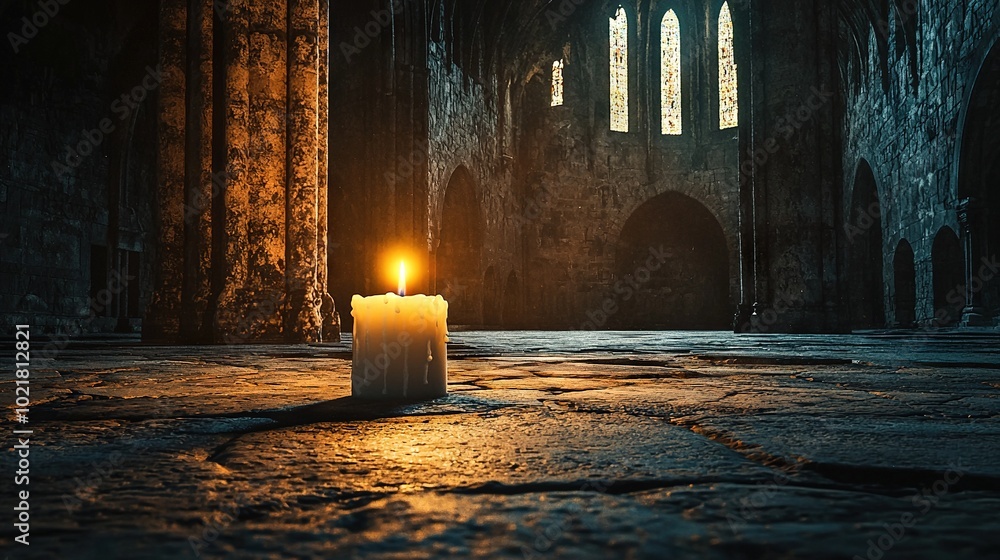 Poster a lit candle resting on the floor before a stone structure in a dimly illuminated space