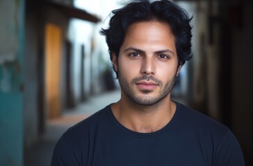 Fototapeta premium A young man gazes at the camera, his dark hair slightly tousled, while standing in a sunlit urban alleyway