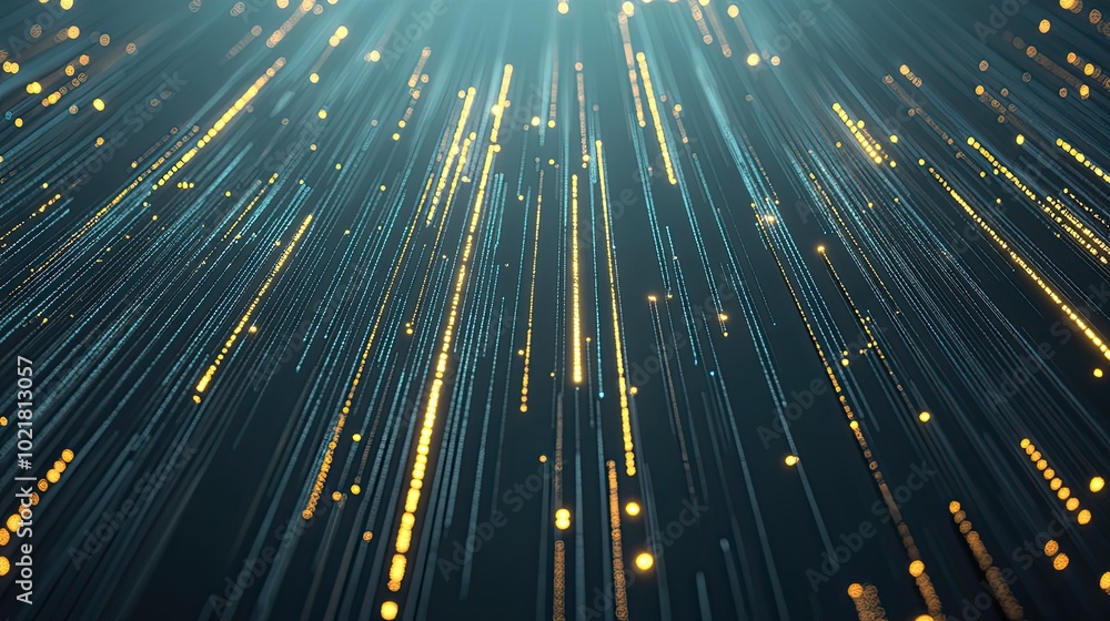 Fototapete Blue binary code pours down in a mesmerizing digital rain, creating an abstract backdrop filled with shimmering stars that enhances its futuristic atmosphere.