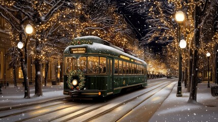 Obraz premium A vintage green tram moves gracefully through a charming city street, surrounded by trees draped in festive lights. Snow gently falls, enhancing the cozy winter atmosphere.