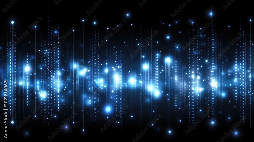 Fototapete Blue binary code pours down in a mesmerizing digital rain, creating an abstract backdrop filled with shimmering stars that enhances its futuristic atmosphere