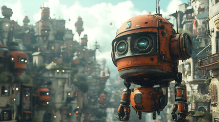 Rusty Robot in a Futuristic City 3D Illustration
