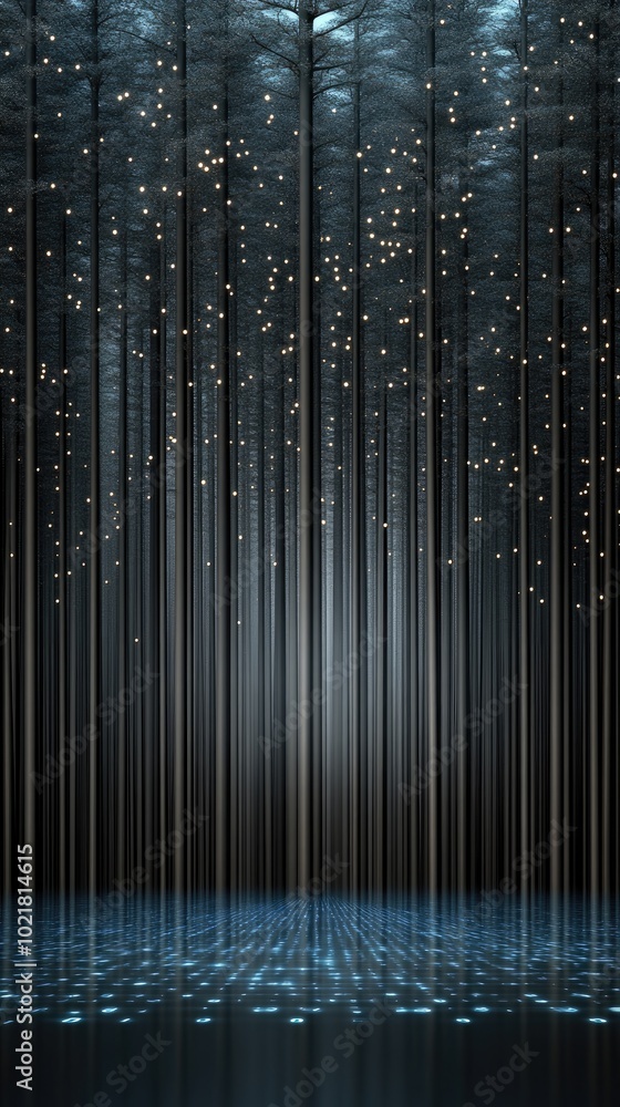 Fototapete Blue binary code pours down in a mesmerizing digital rain, creating an abstract backdrop filled with shimmering stars that enhances its futuristic atmosphere