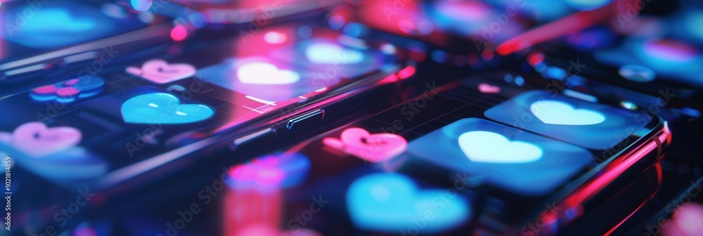 Poster bright screens of smartphones show vibrant like and comment icons in a darkened environment, capturi