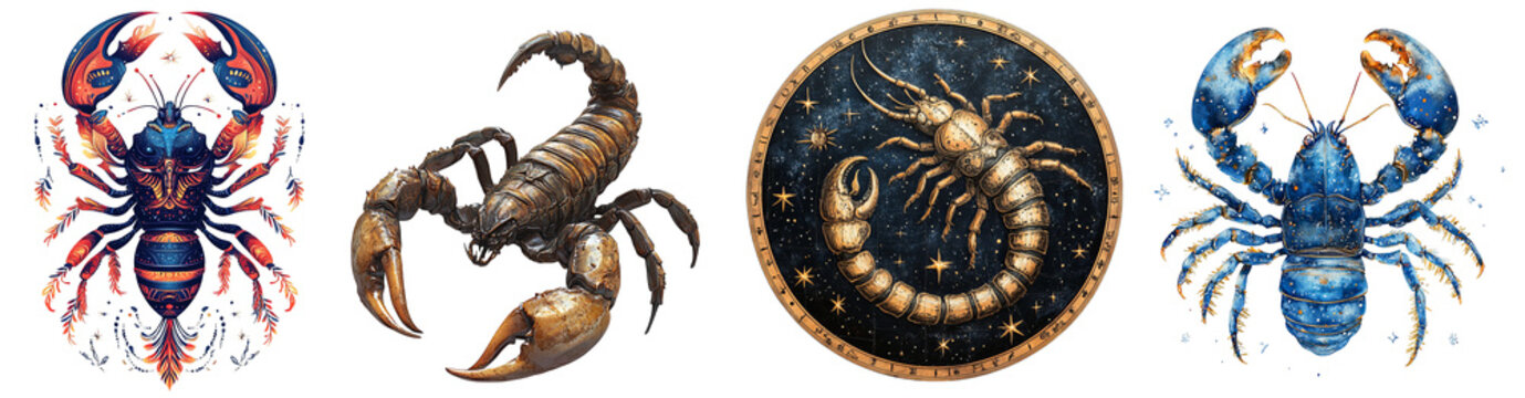 Colorful artistic scorpions and lobsters on celestial background transparent background