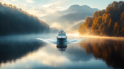 Luxury yacht cruising on a calm lake surrounded by mountains and forest at sunrise.
